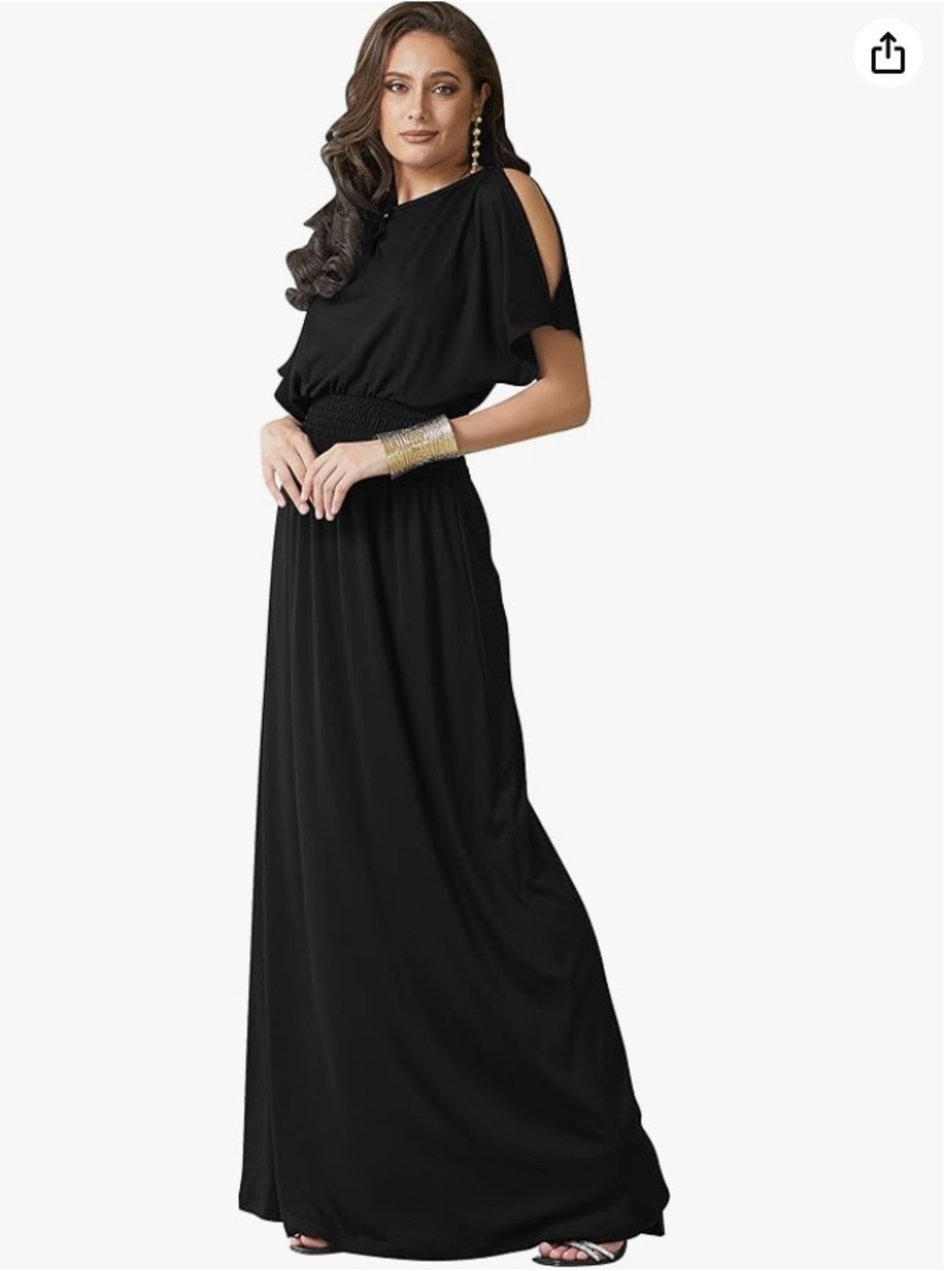 KOH KOH Black Cold Shoulder Maxi Dress L Smocked Waist Flowy Evening Gown